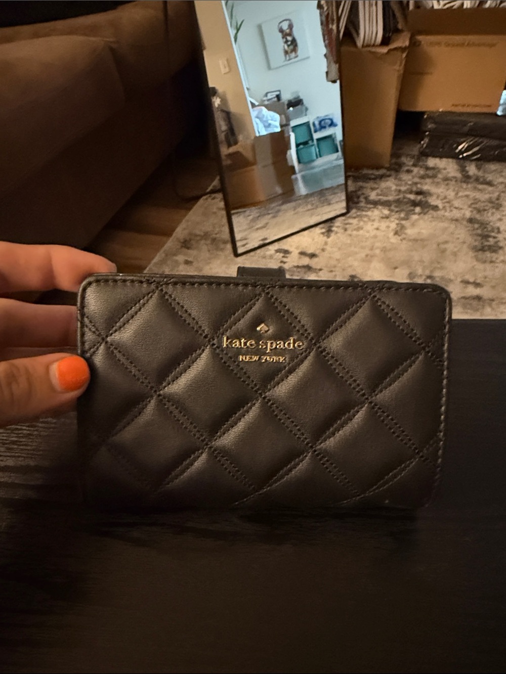 kate spade Quilted Black Leather Wallet with Gold Logo